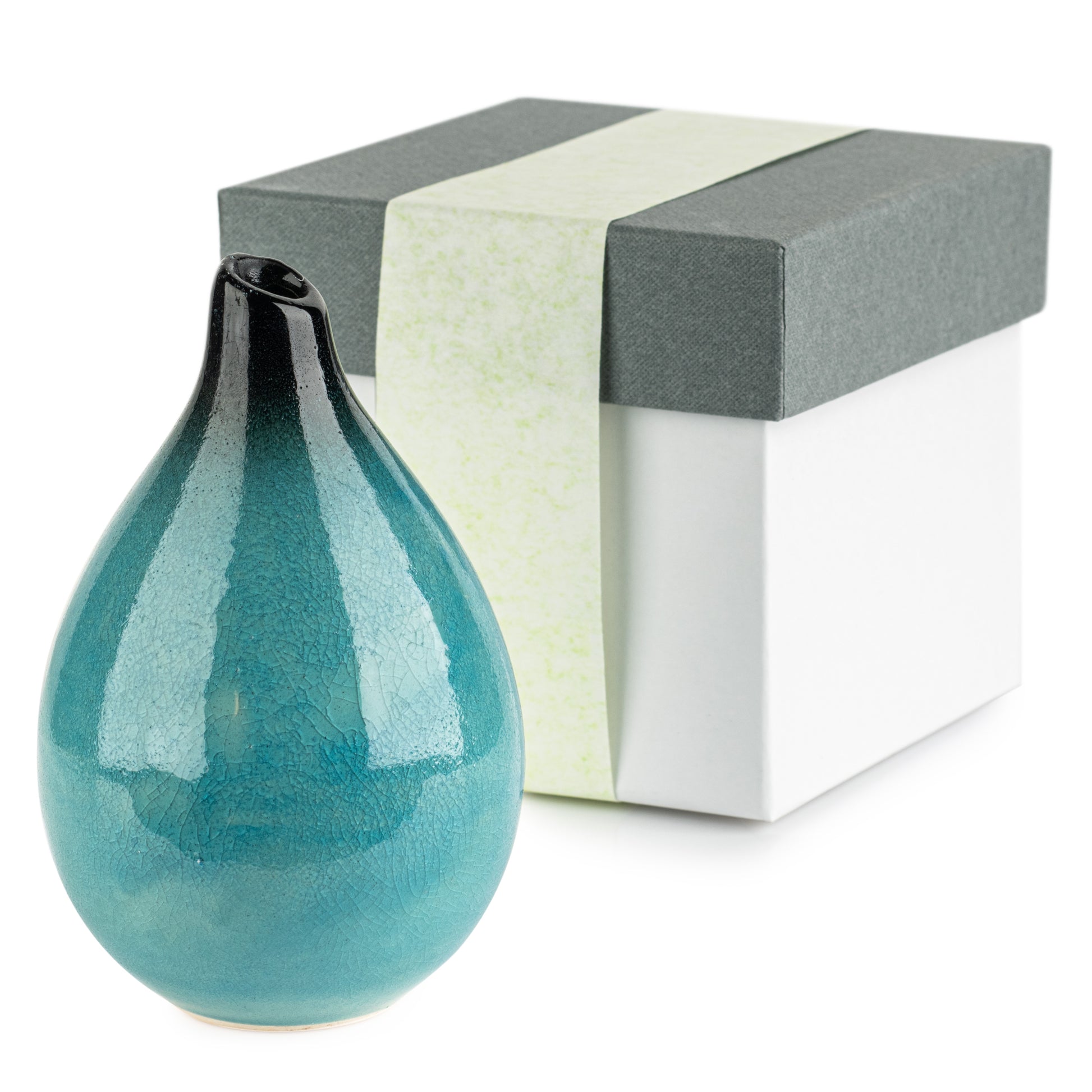 Teardrop Blue Crackleglaze Small Japanese Vase and a Gift Box