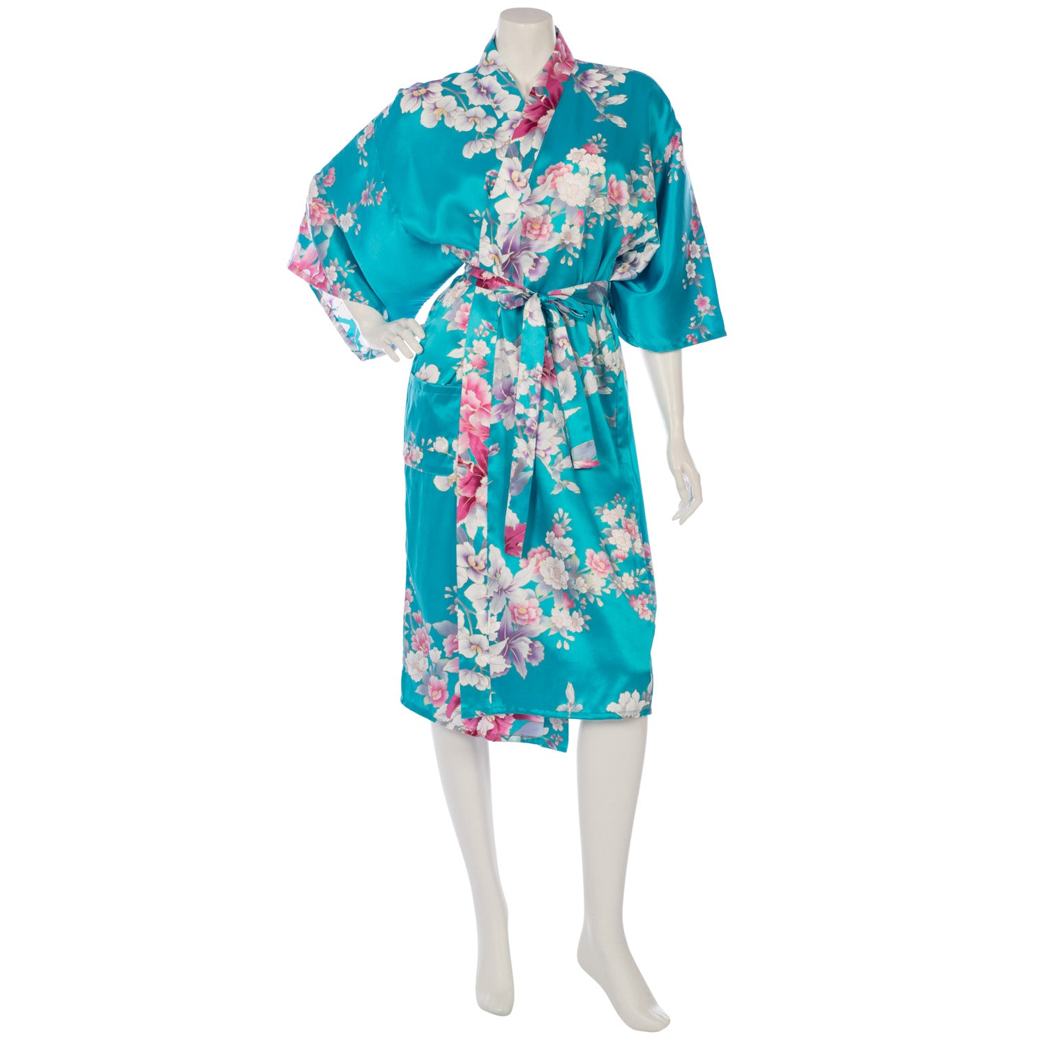 Turquoise Floral Short Silk Japanese Kimono