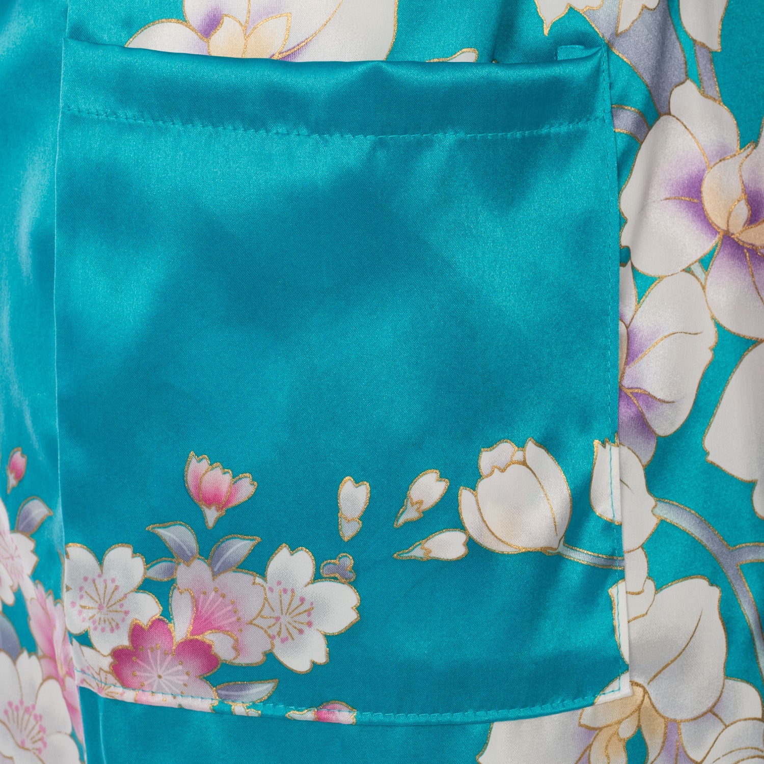 Turquoise Floral Short Silk Japanese Kimono pocket