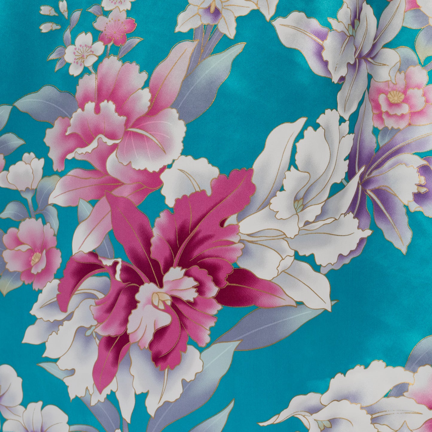 Turquoise Floral Short Silk Japanese Kimono detail