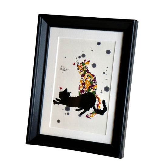 Two Cats Playing Black Frame A5 Japanese Print