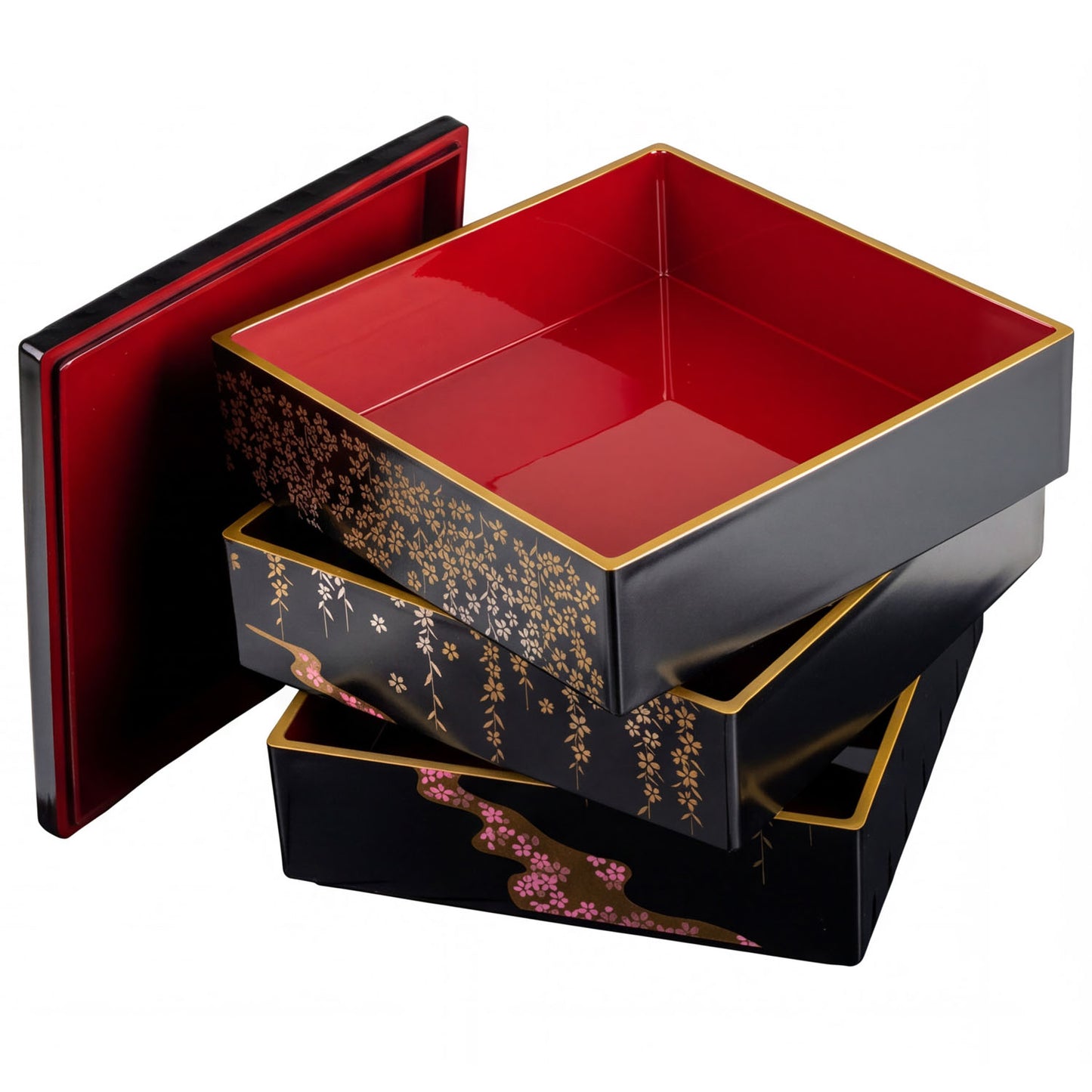 Weeping Cherry 3 Tier Japanese Obento Box open