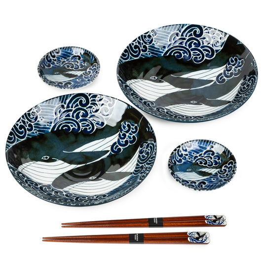 Whale Indigo Blue Ceramic Japanese Bowl Set