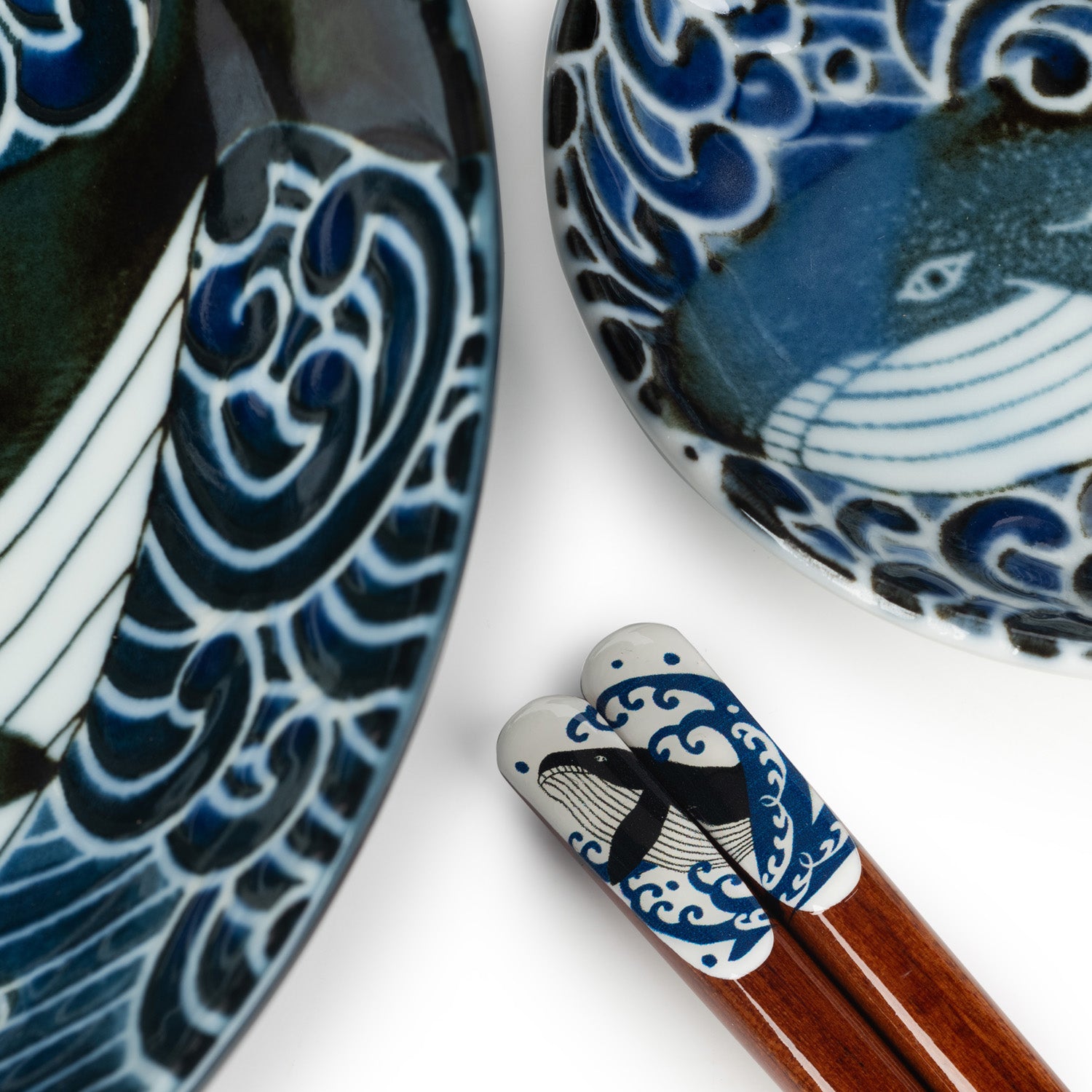 Whale Indigo Blue Ceramic Japanese Bowl Set detail