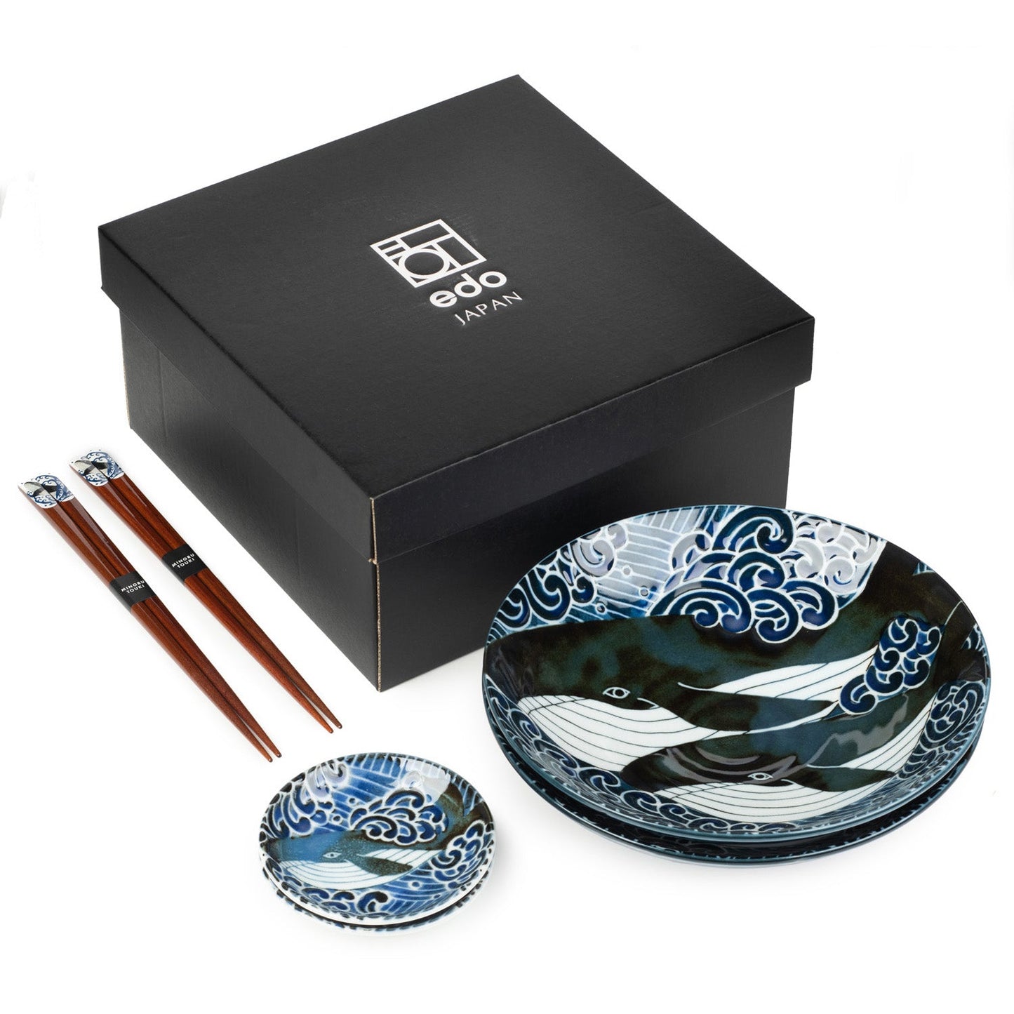 Whale Indigo Blue Ceramic Japanese Bowl Set and gift box