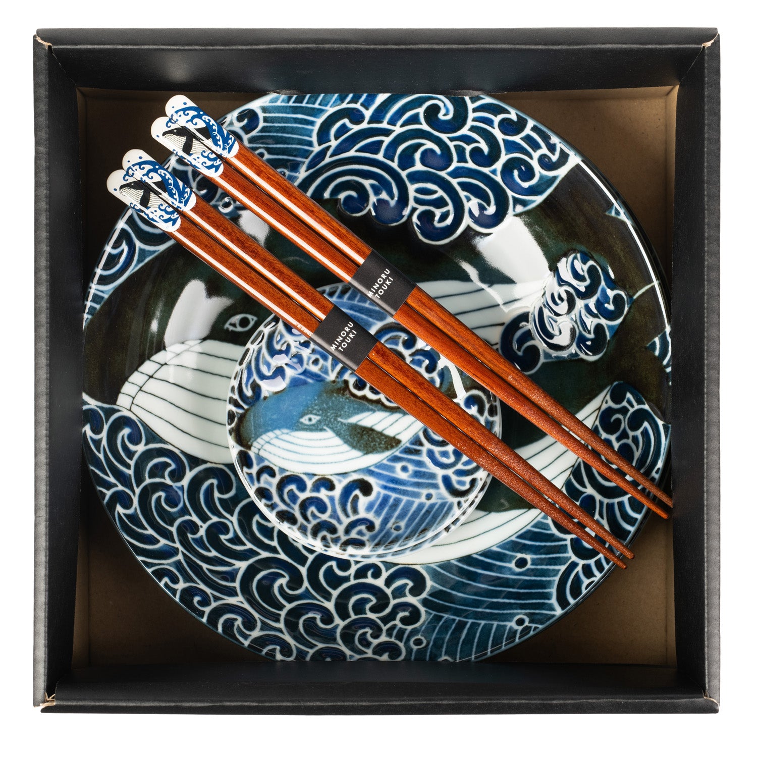 Whale Indigo Blue Ceramic Japanese Bowl Set in gift box
