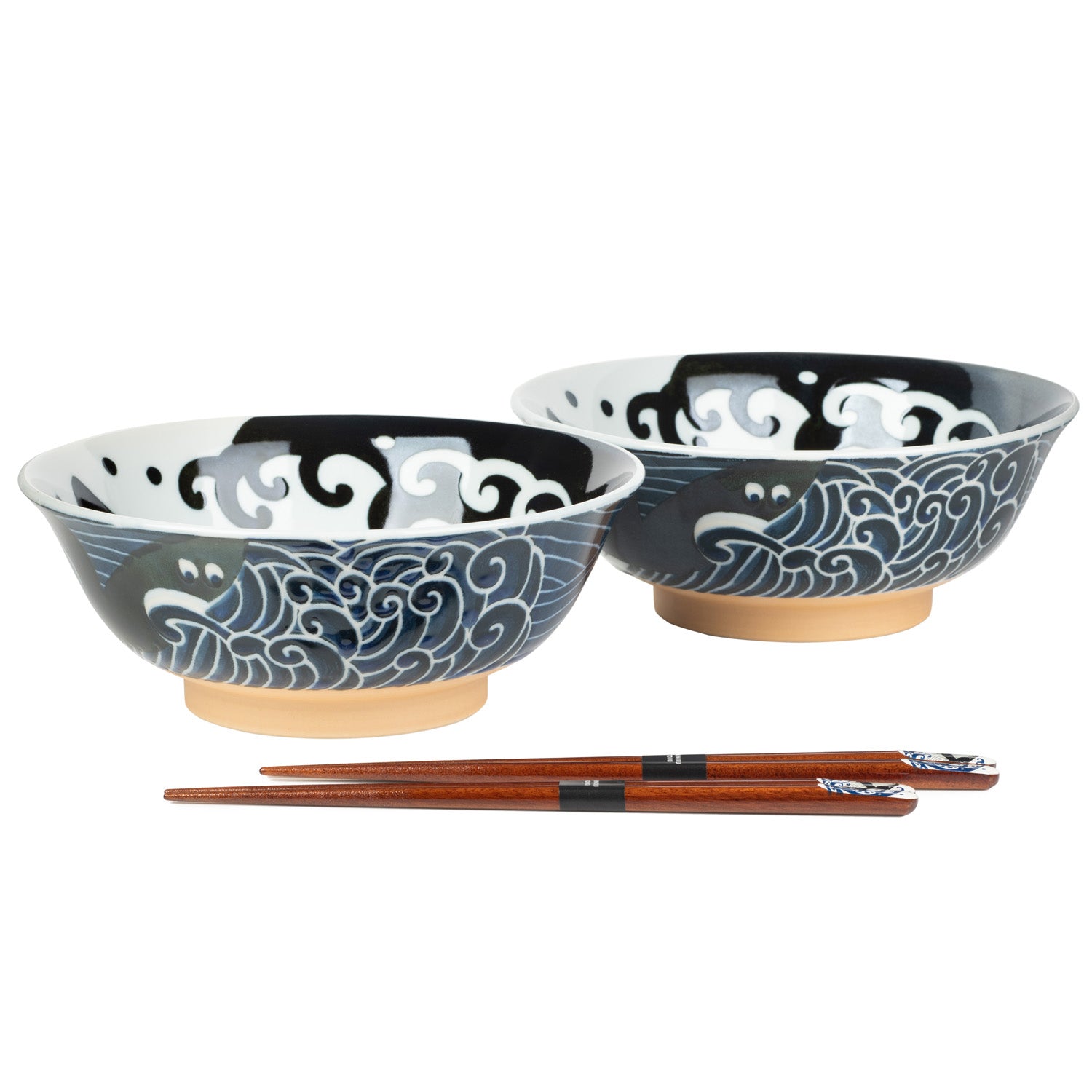 Whale Indigo Blue Japanese Ramen Bowl Set side view