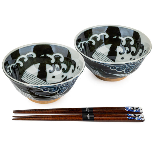 Whale Indigo Blue Japanese Soup Bowl Gift Set