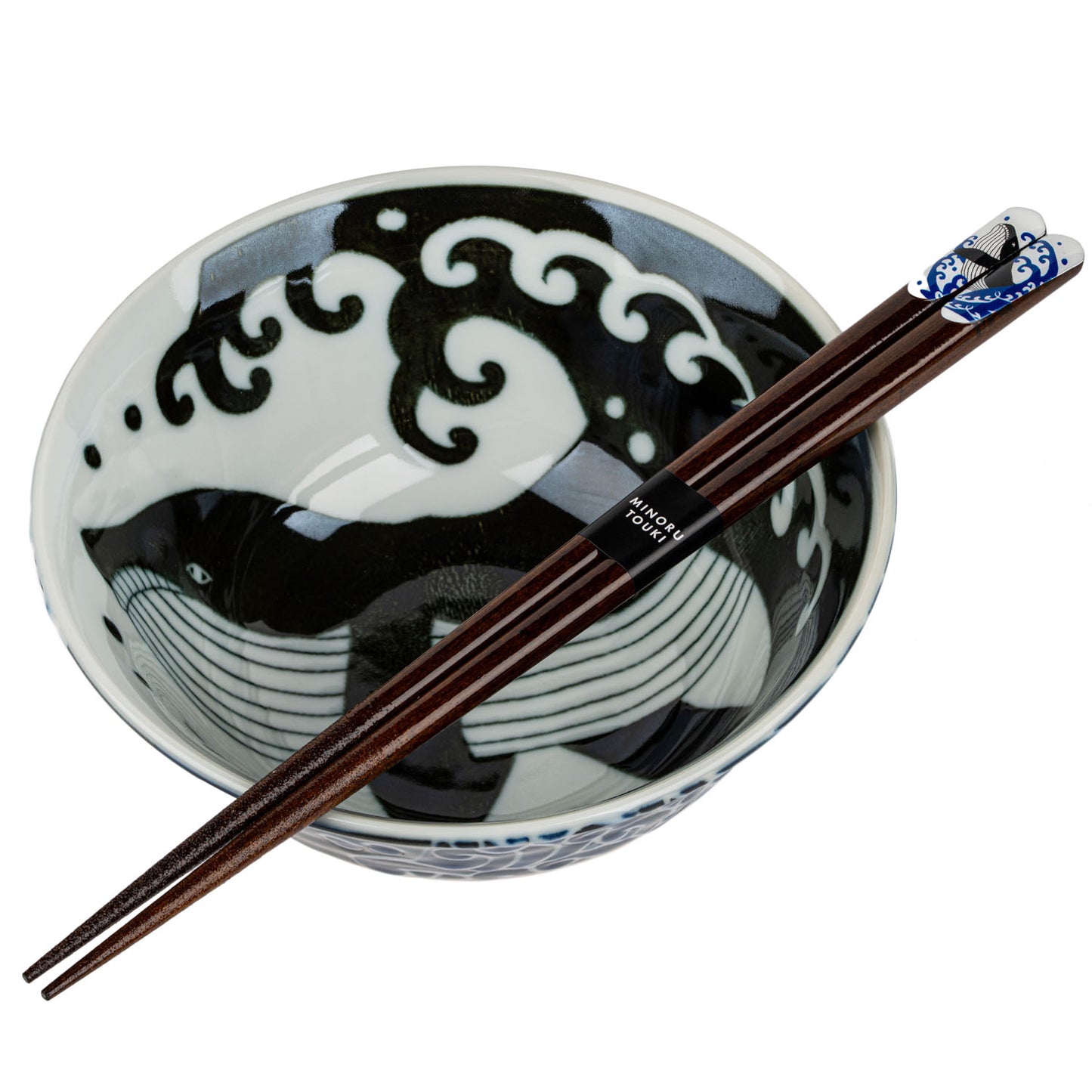 Whale Indigo Blue Japanese Soup Bowl Gift Set open