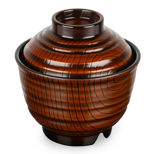 Wood Grain Effect Japanese Lacquer Soup Bowl and Lid