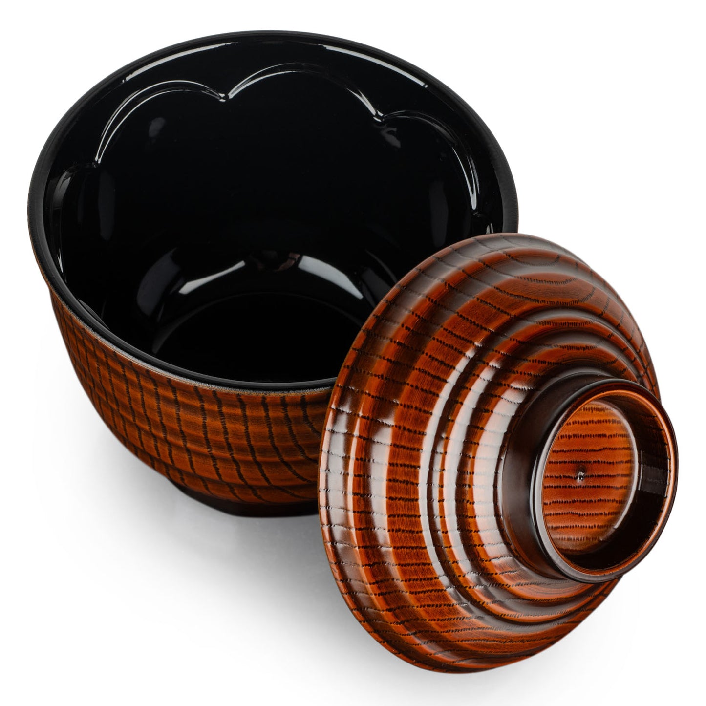 Wood Grain Effect Japanese Lacquer Soup Bowl and Lid open