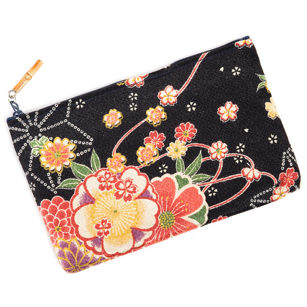 Black Flower Japanese Pouch Bag