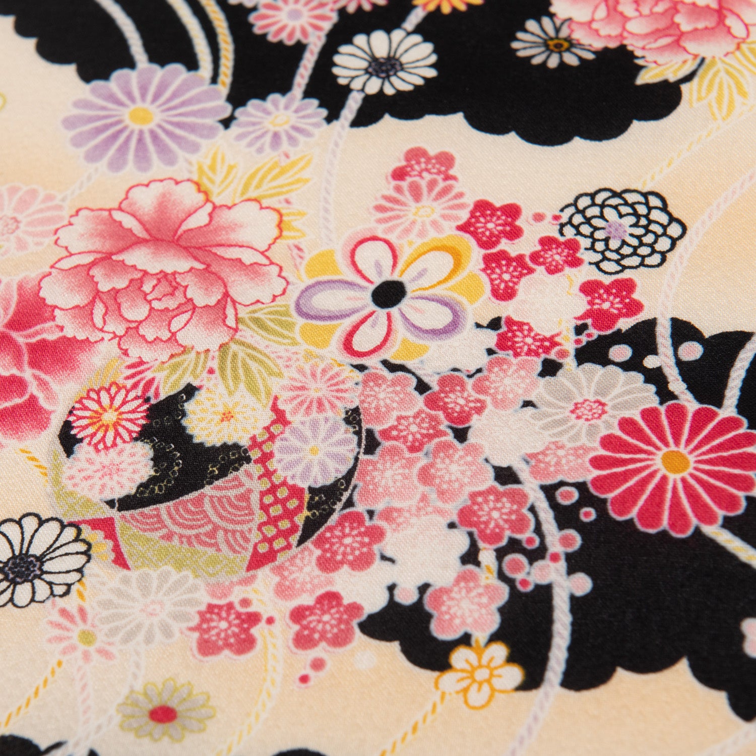 Beige and Black Floral Japanese Handkerchief