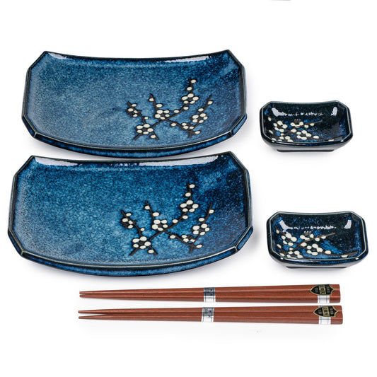 Blue Hana Cherry Blossom Japanese Sushi Plate Set
