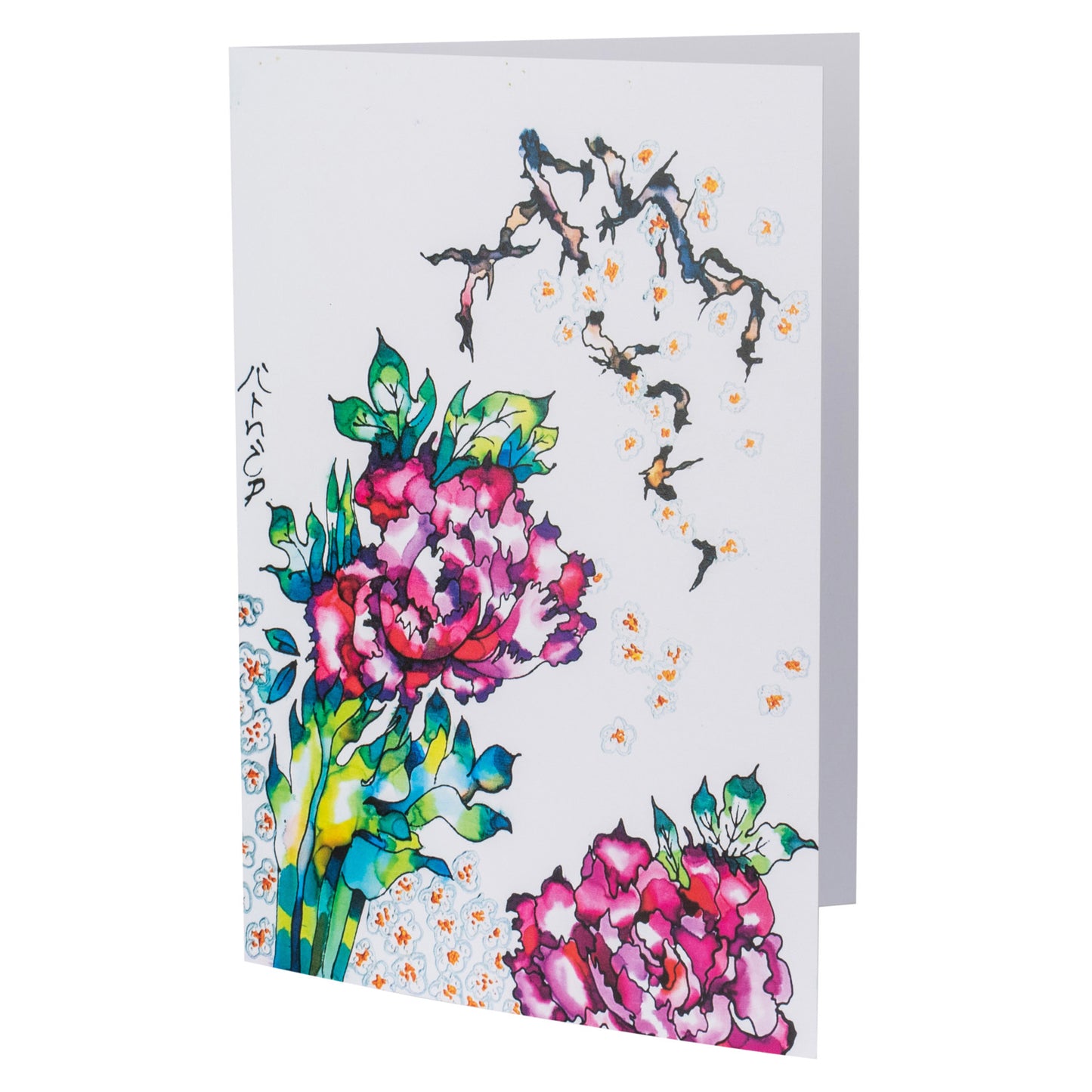 Cherry Blossom and Peonies Silk Painting Greetings Card