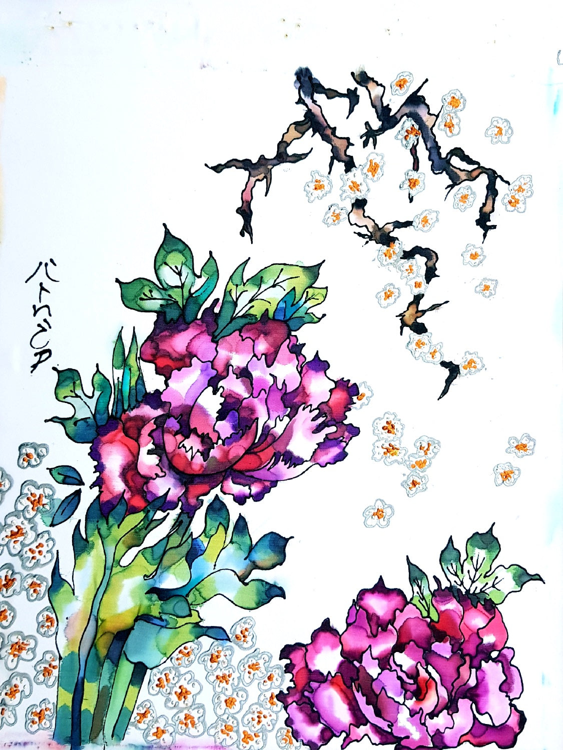 Cherry Blossom and Peonies Silk Painting Greetings Card detail