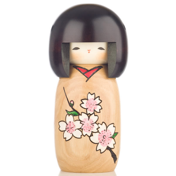Cherry Blossom Natural Wood Kokeshi Doll