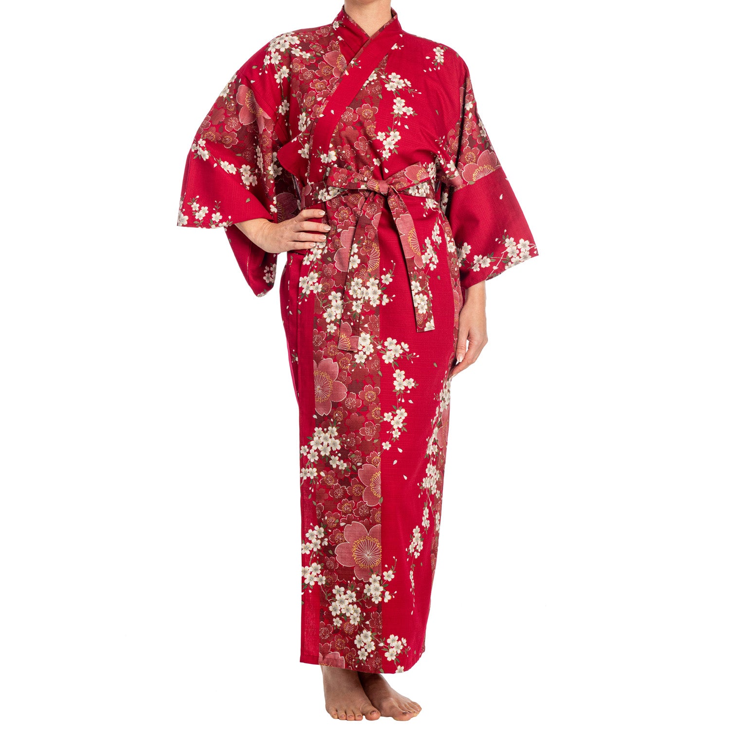 Cherry Blossom Print Long Red Yukata | Long Yukata – The Japanese Shop