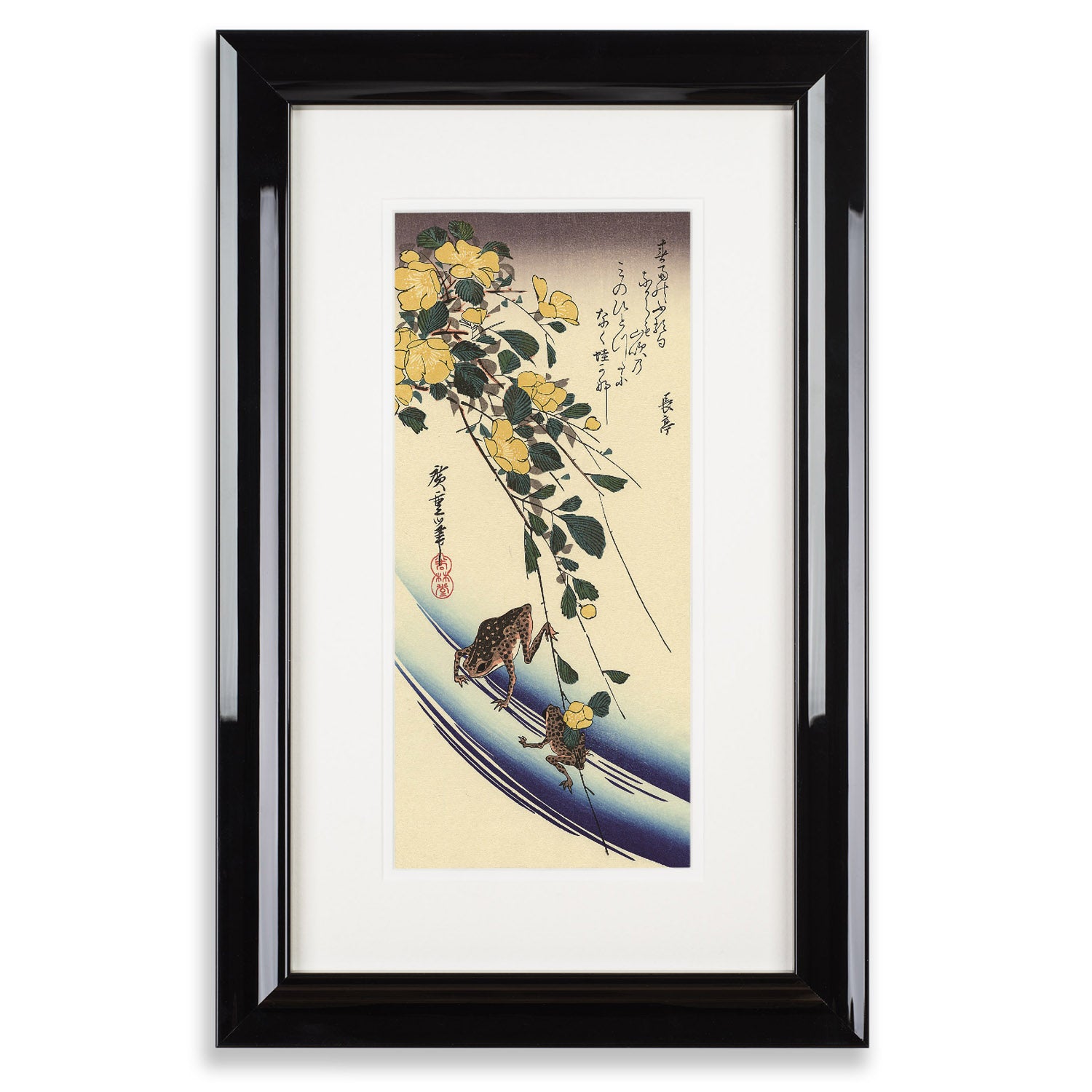 Framed Yellow Rose and Frogs Hiroshige Woodblock Print