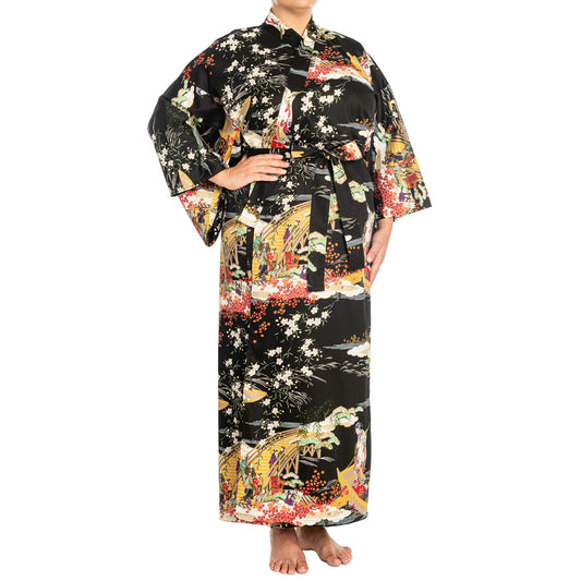Geisha Long Black Japanese Kimono XL