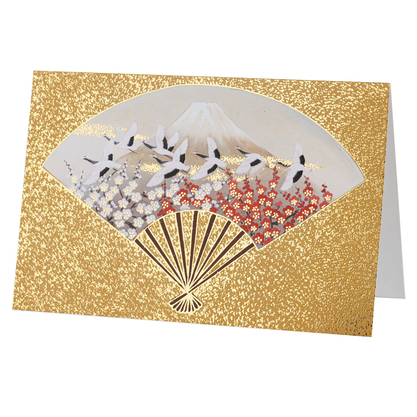 Gold Fan Mount Fuji and Cranes Japanese Card