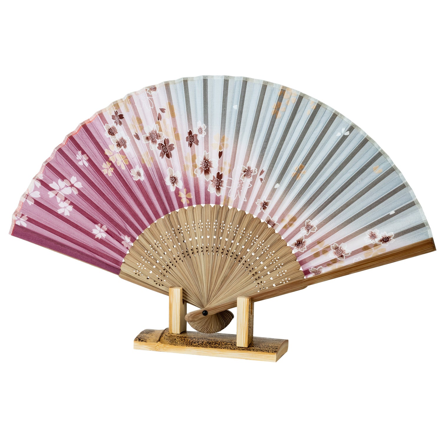 Grey and Pink Cherry Blossom Japanese Fan and stand