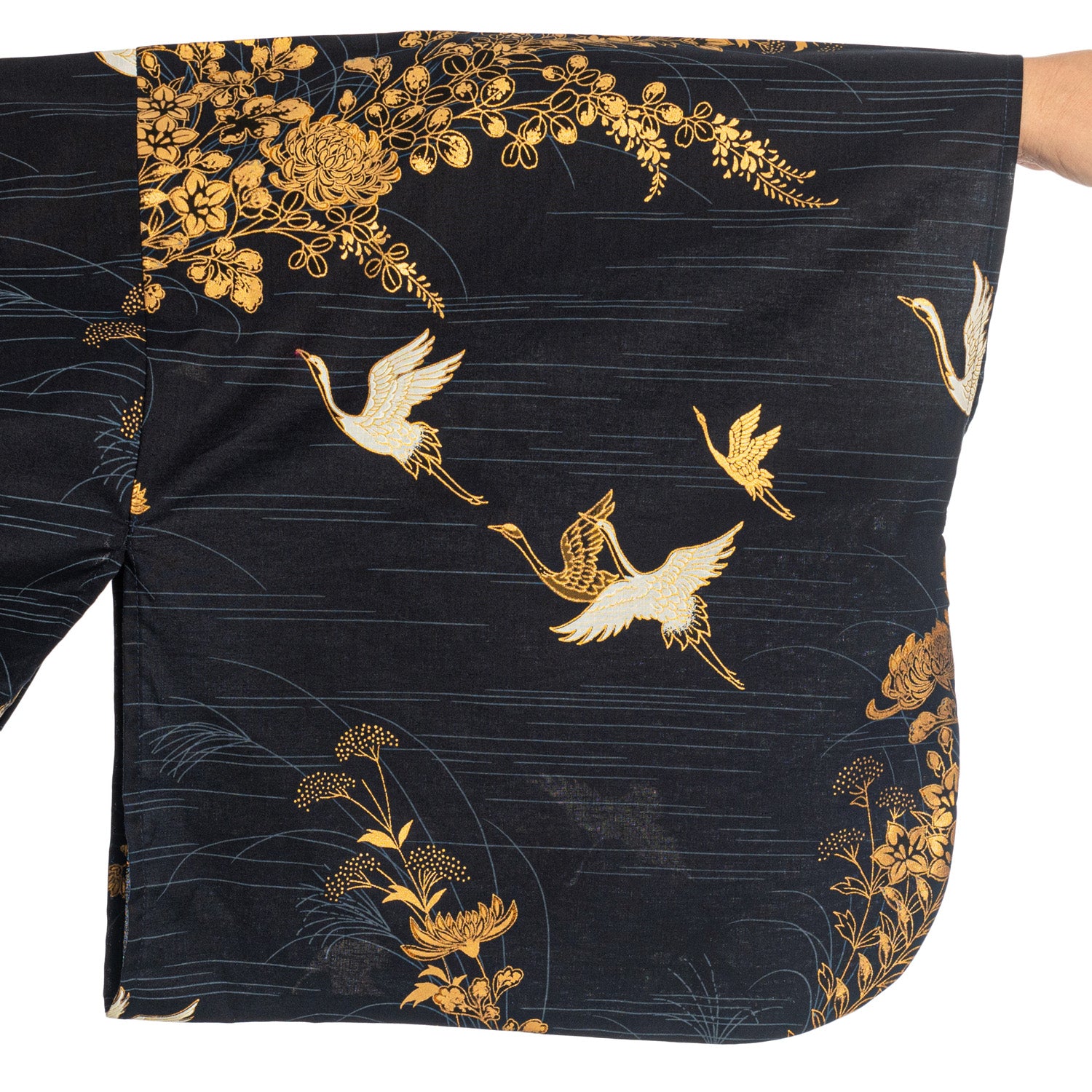 Japanese Kimono Crane Print Long Navy XL