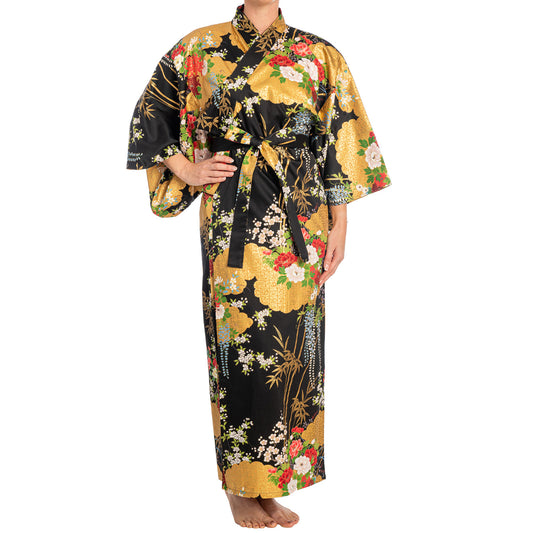 Japanese Kimono Floral Print Long Black