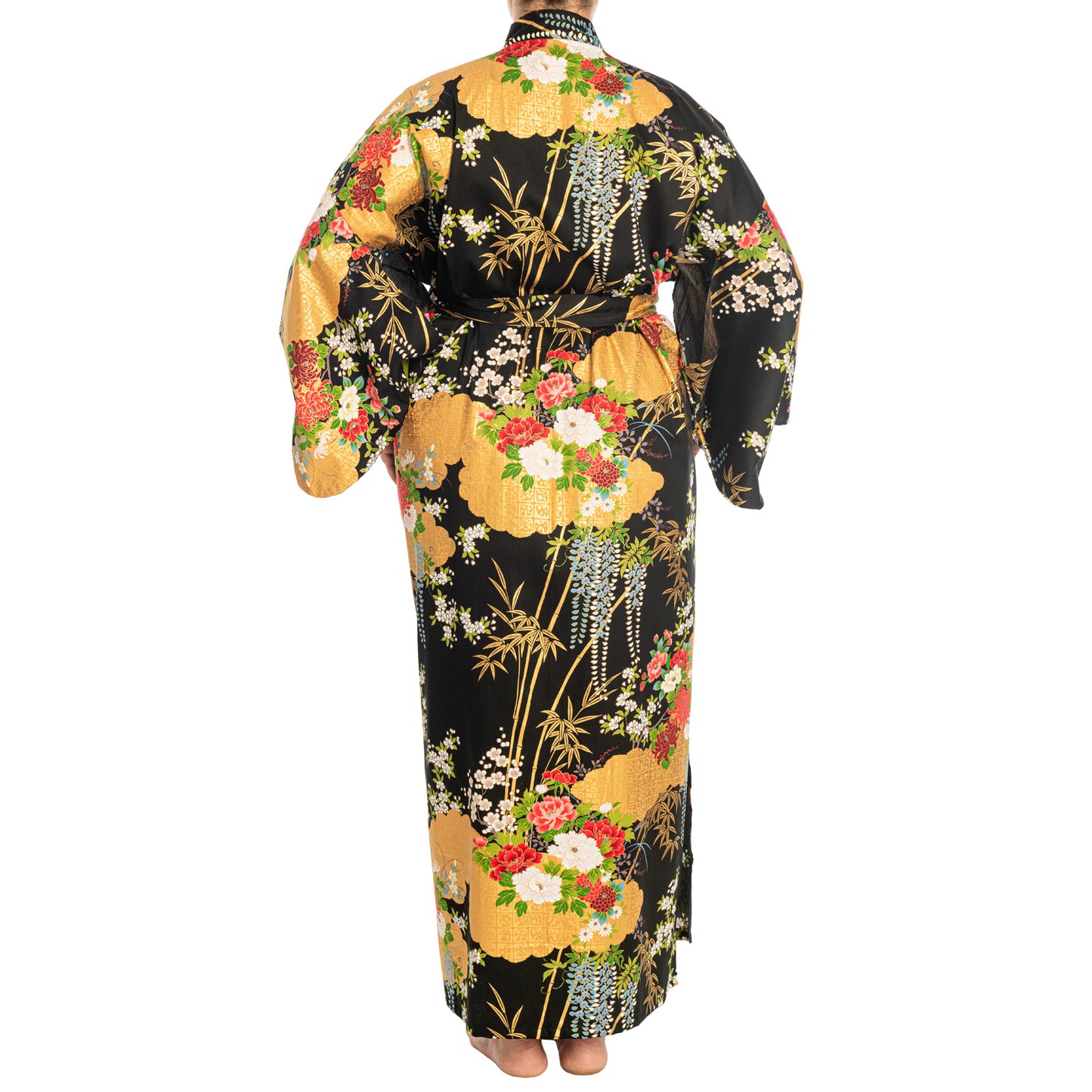 Japanese Kimono Floral Print Long Black XL