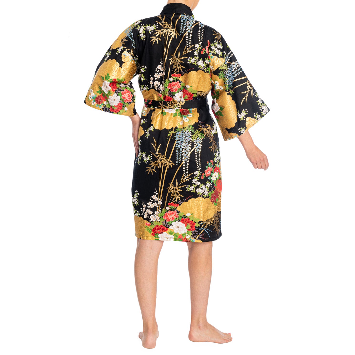 Japanese Kimono Floral Print Short Black