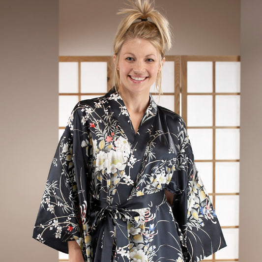 Japanese Silk Kimono Floral Print Long Black