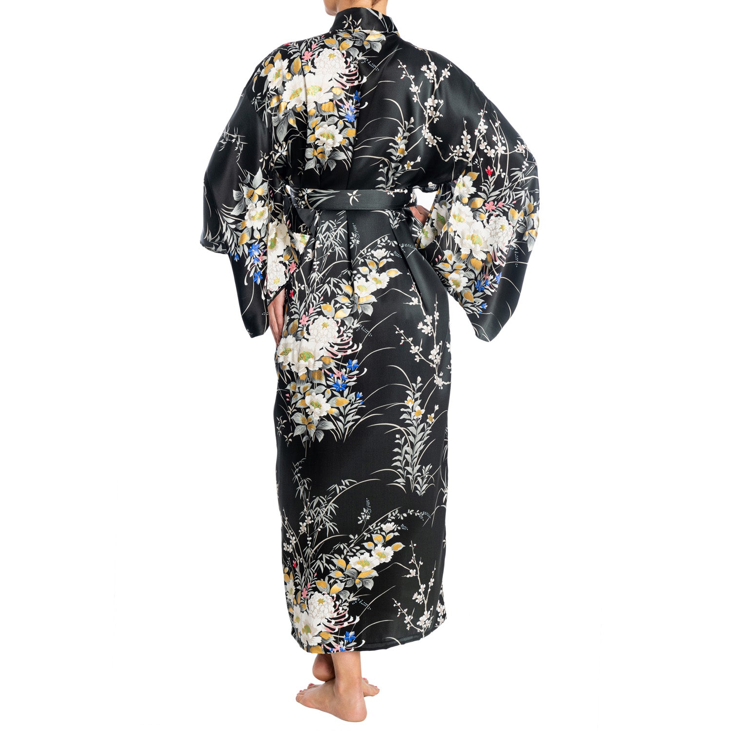 Japanese Silk Kimono Floral Print Long Black – The Japanese Shop