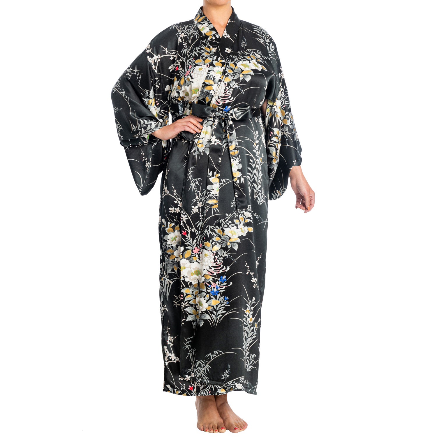 Japanese Silk Kimono Floral Print Long Black