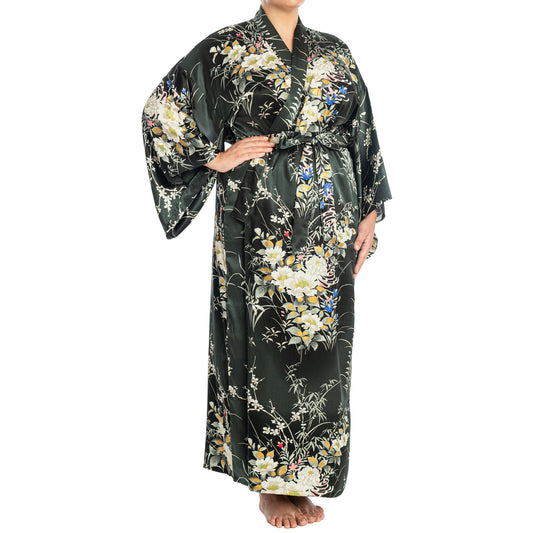 Japanese Silk Kimono Floral Print Long Black XL