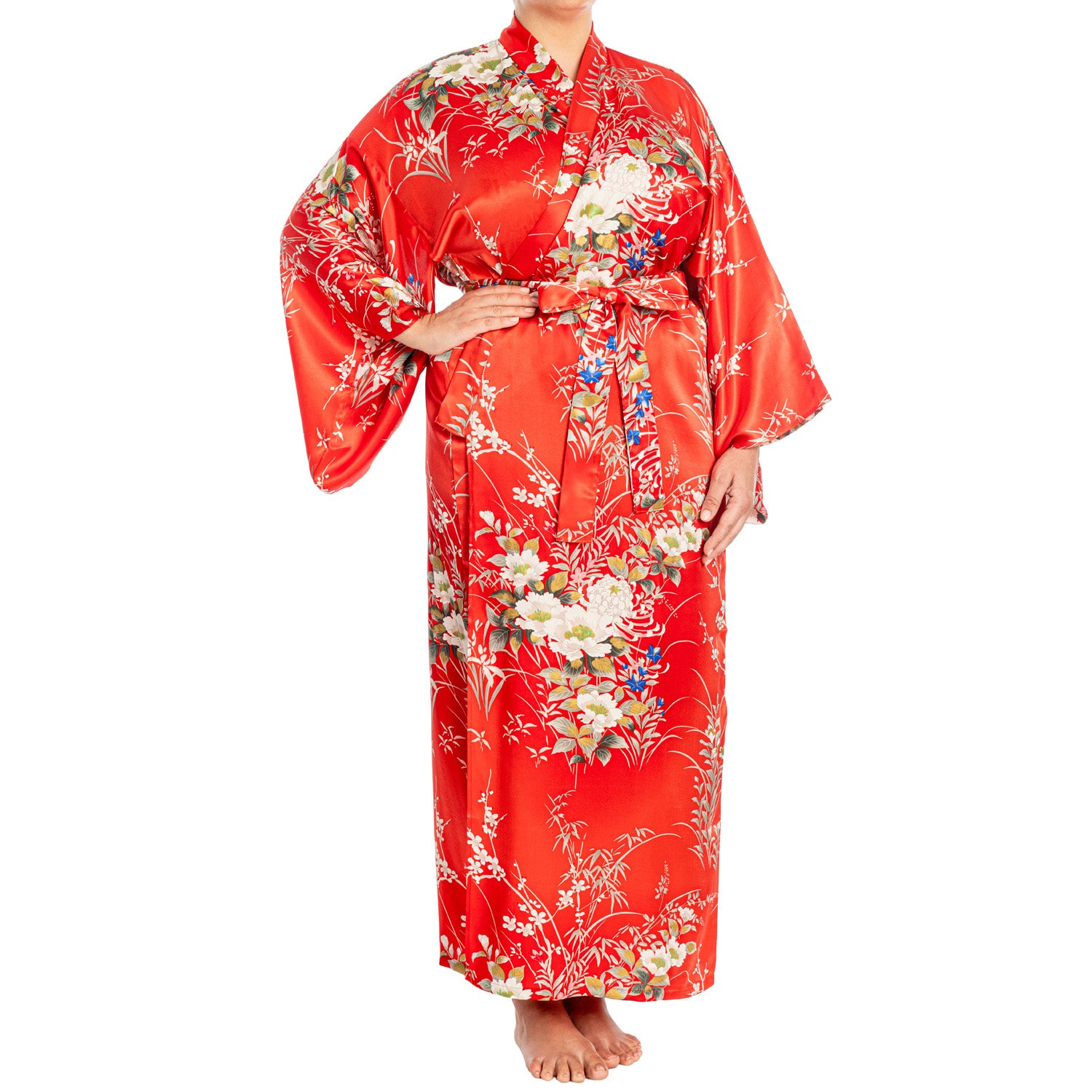 Japanese Silk Kimono Floral Print Long Red XL – The Japanese Shop