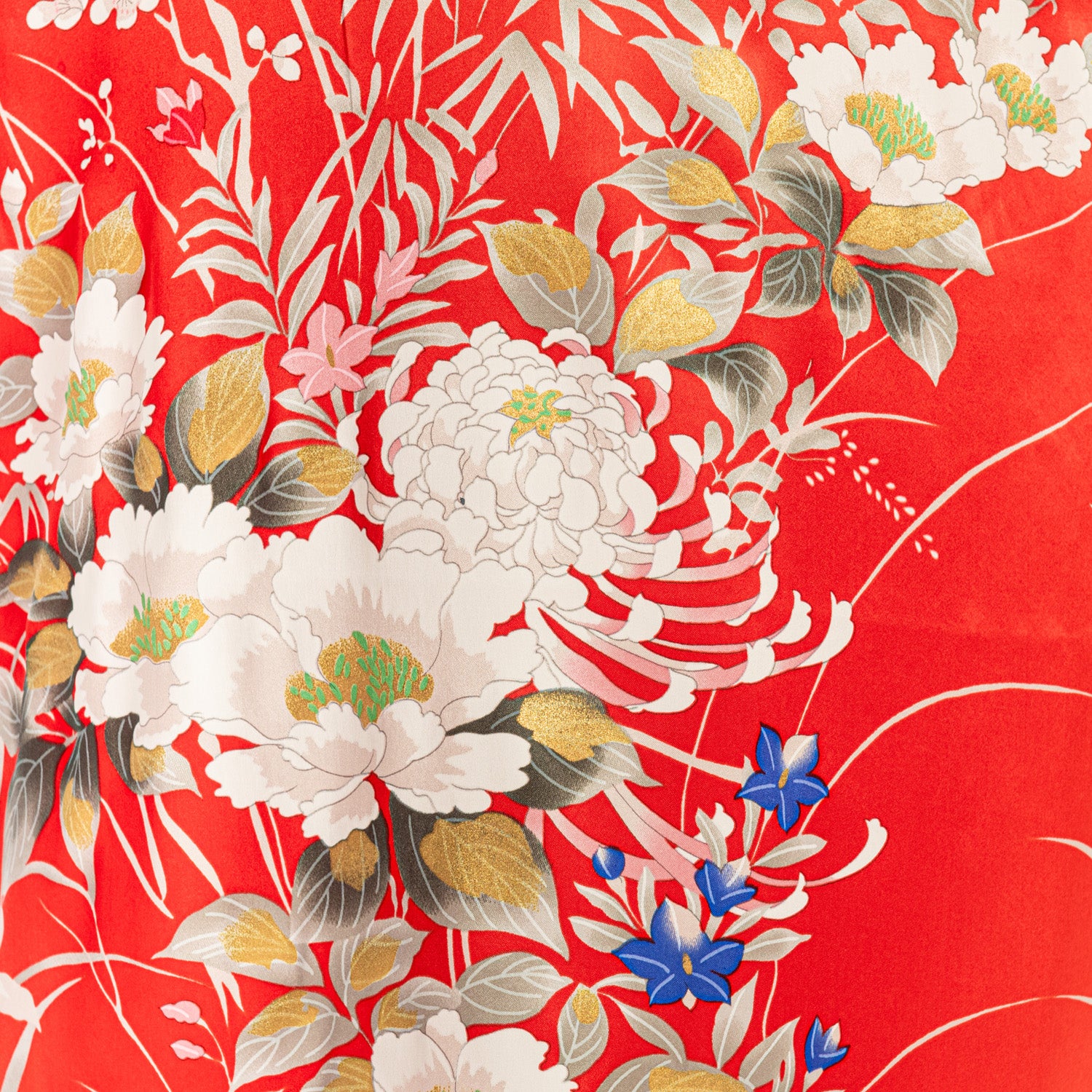 Japanese Silk Kimono Floral Print Long Red XL