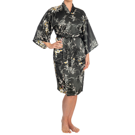 Japanese Silk Kimono Floral Print Short Black