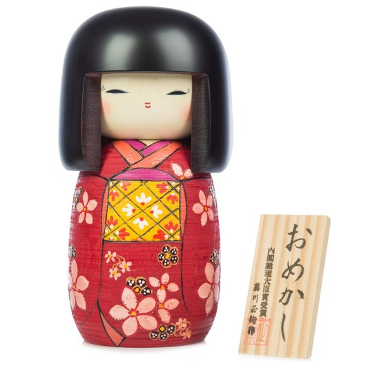 Large Premium Red Floral Japanese Kokeshi Doll