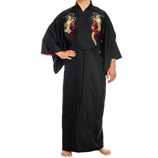 Mens Embroidered Dragon Long Black Japanese Kimono