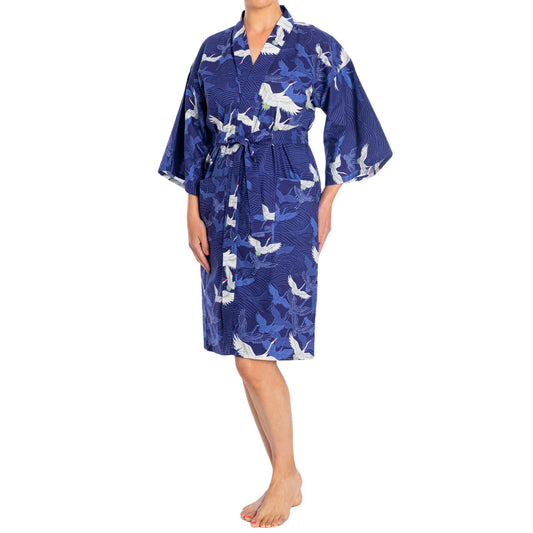 Navy Blue Crane Short Japanese Cotton Kimono