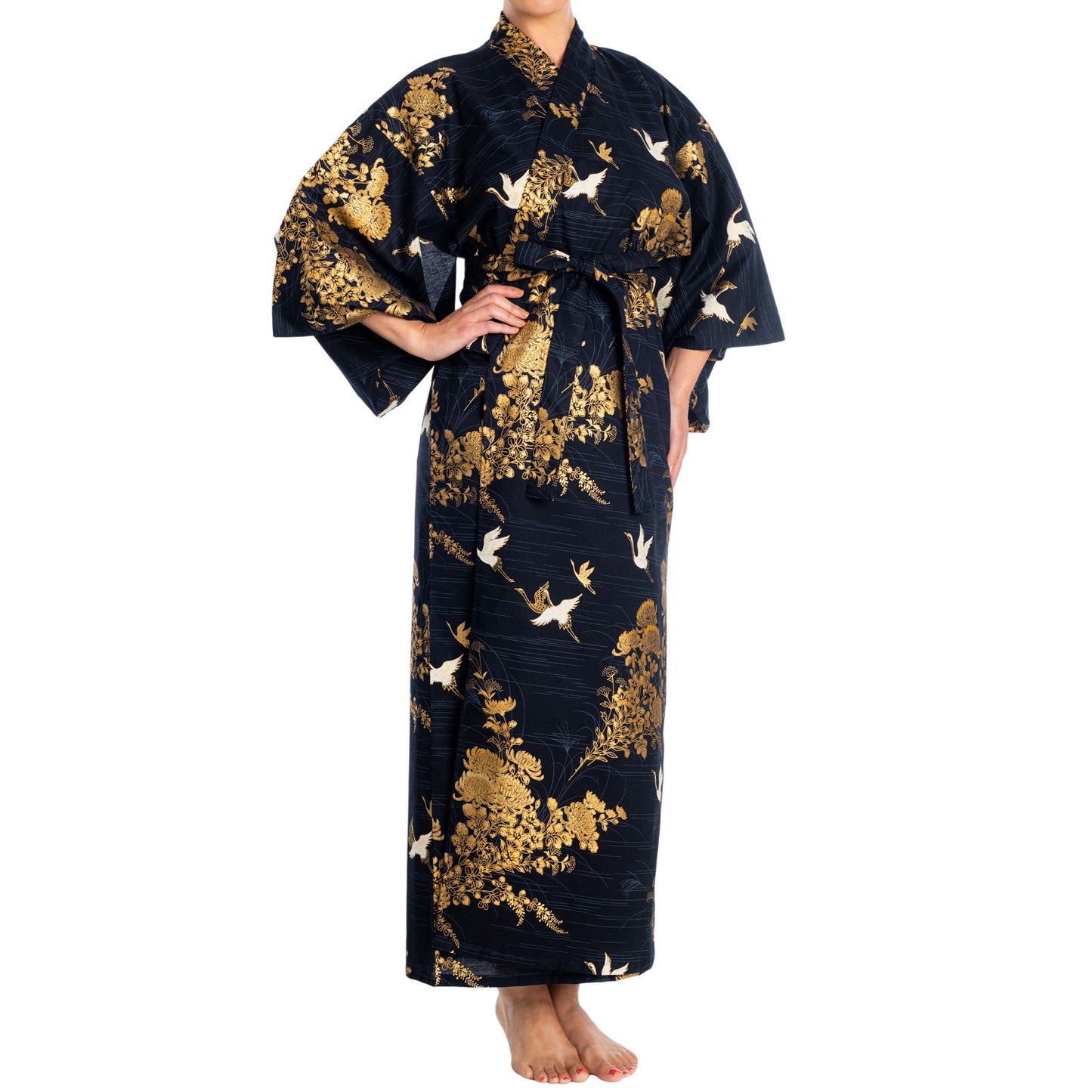 Navy Cotton Crane and Chrysanthemum Kimono