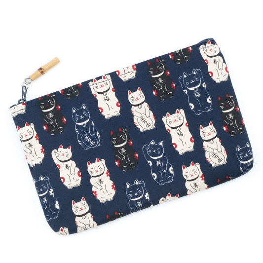 Navy Lucky Cat Japanese Pouch Bag