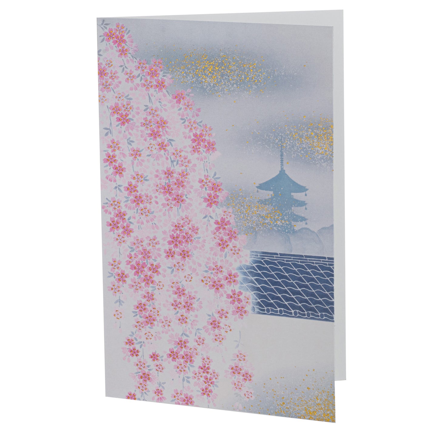 Pink Cherry Blossom and Temple Japanese Card