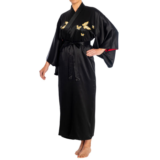 Premium Butterfly Black Silk Japanese Kimono