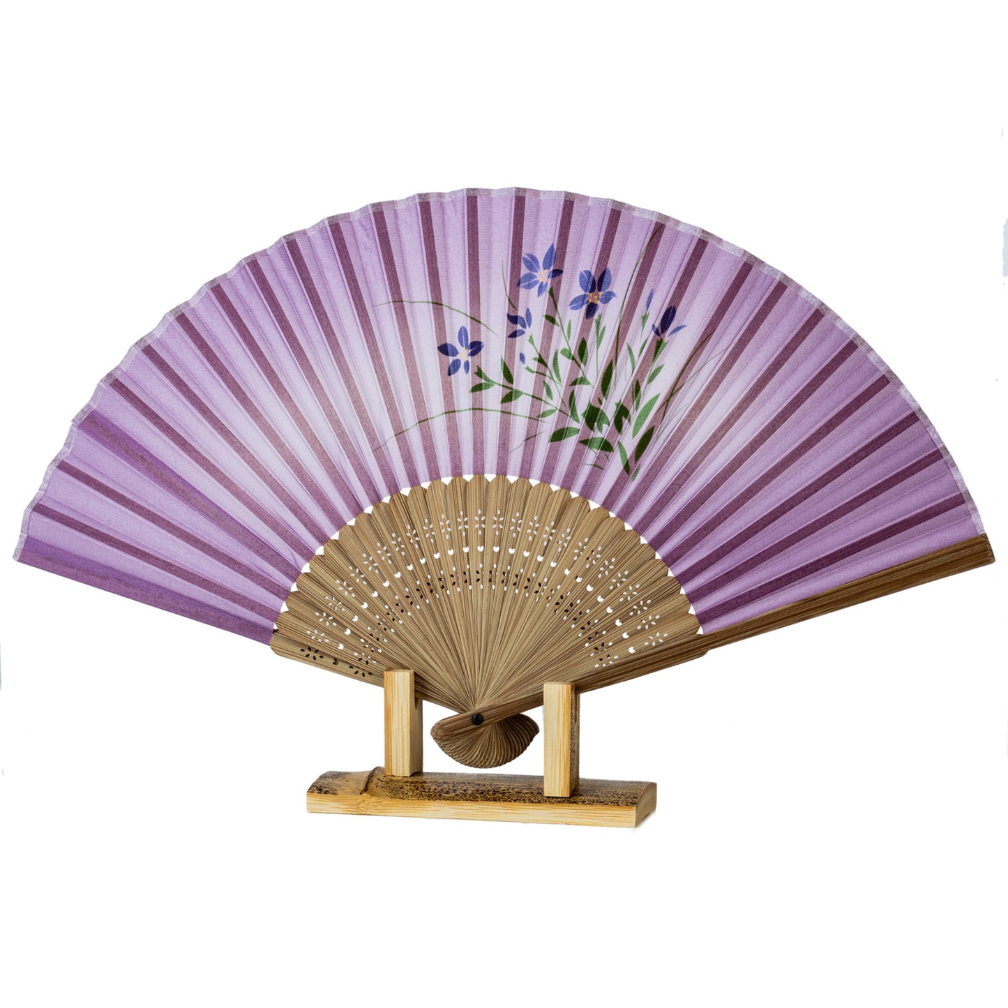 Purple Bellflower Japanese Folding Fan and stand