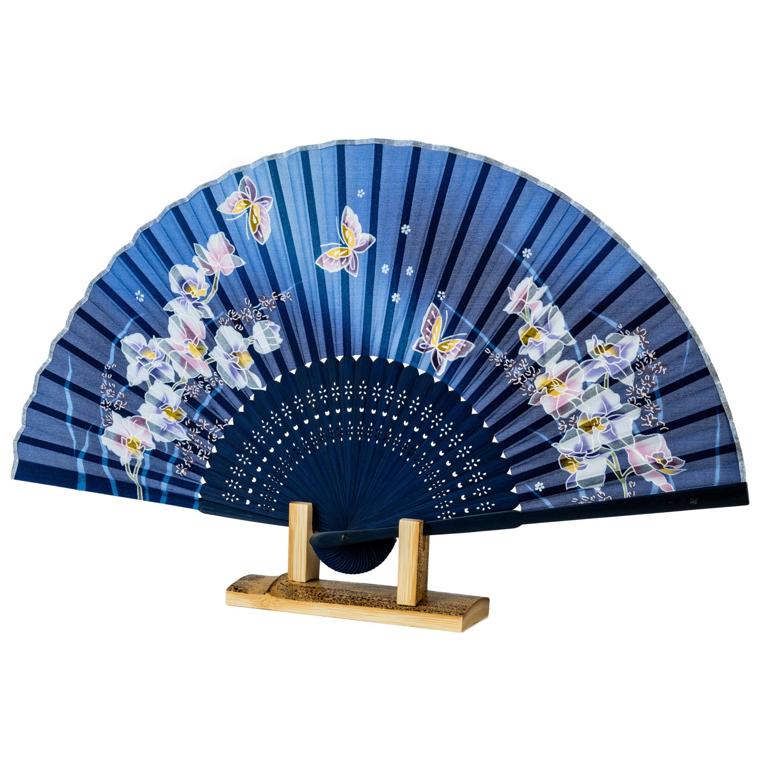 Royal Blue Butterfly and Orchid Japanese Fan and fan stand