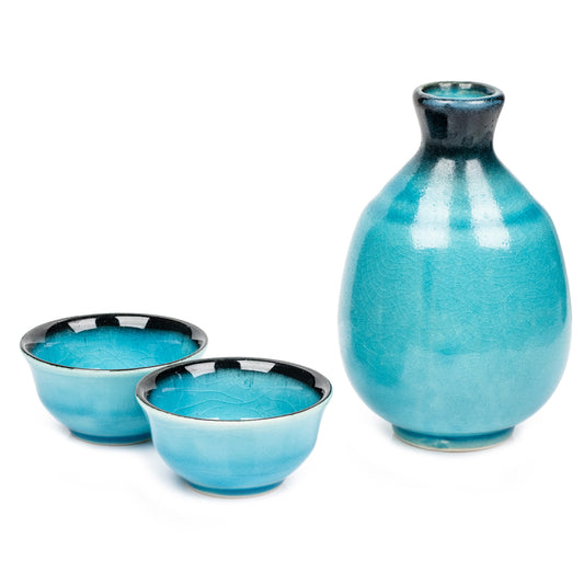 Sea Blue Crackleglaze Japanese Sake Set