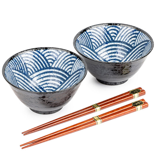 Seikaiha Ceramic Japanese Rice Bowl Set
