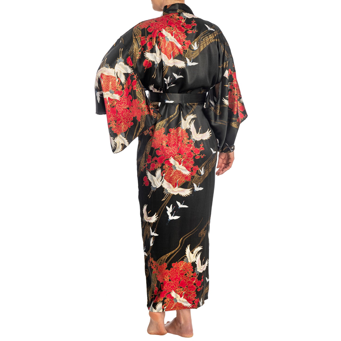 Silk Crane Print Long Black Japanese Kimono
