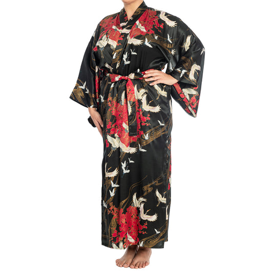 Silk Crane Print Long Black Japanese Kimono XL